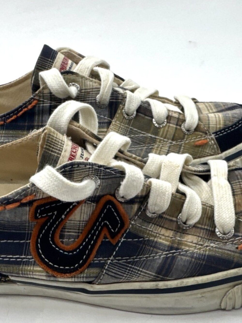 True Religion Sneakers Mens 8.5 Navy Orange Plaid Low Top Canvas Casual Shoes